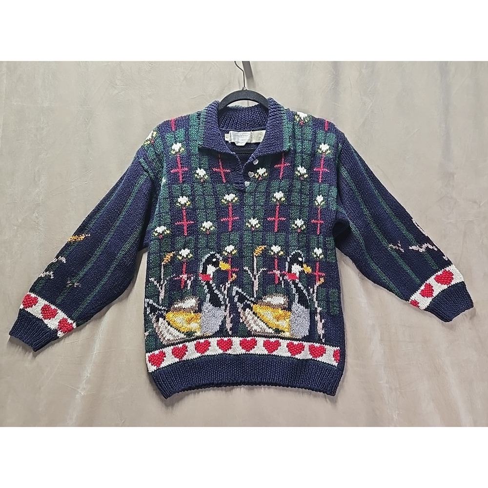 VINTAGE Eagle's Eye‎ Hand Knit Cardigan Sweater 1989 size M  Animals Geese Goose